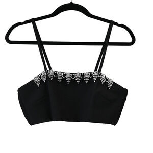 Sandro Bra Crop Top Size 0/2 Black Embellished Rhinestone Smocked Sleeveless